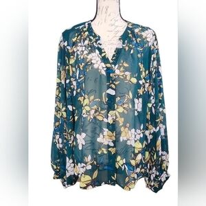 Chicos Floral Sheer Green Sleeve Blouse